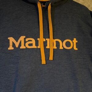 Marmot Mens XL Navy Blue Hoodie Orange Logo Pullover Fleece Sweatshirt Outdoor